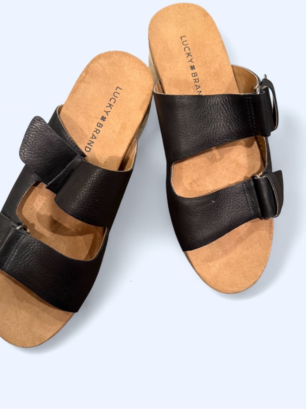 Lucky Brand Black Double-Strap Buckle Slide Sandals Size 9.5 Leather